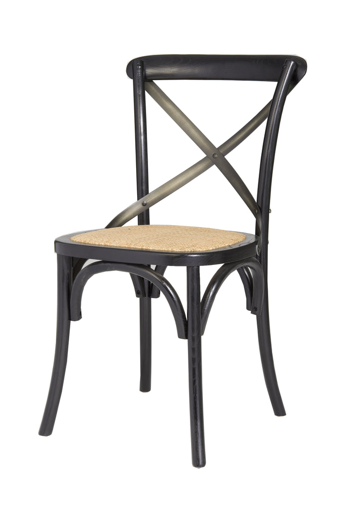 Cross Back Chair w/ Natural Brown Rattan Seat - Black - Set of 2