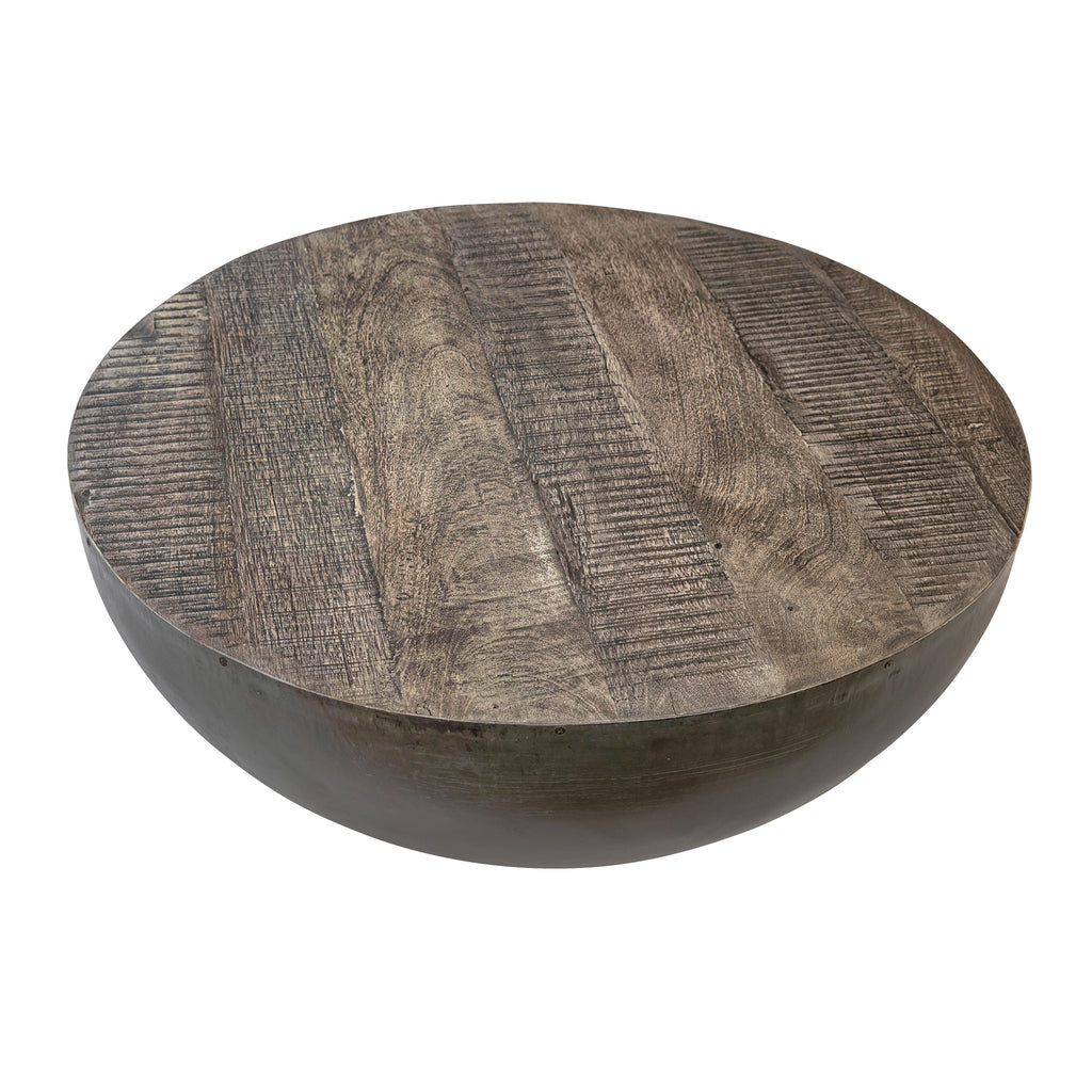 Lucia Reclaimed Teak and Iron 35" Round Drum Style Coffee Table