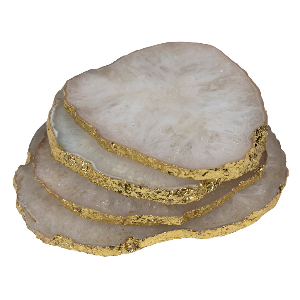 Orlando Round Natural Agate Coasters with Gold Edge Accents, Set of 4