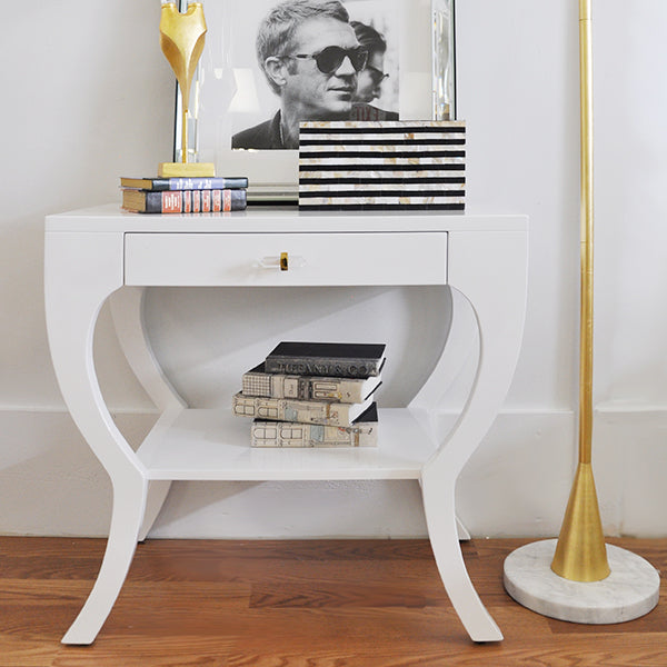 Curvy Side Table With Acrylic Hardware In White Lacquer