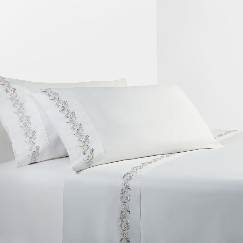 350 TC White Sheet Set with Gray Scroll Embroidery, King