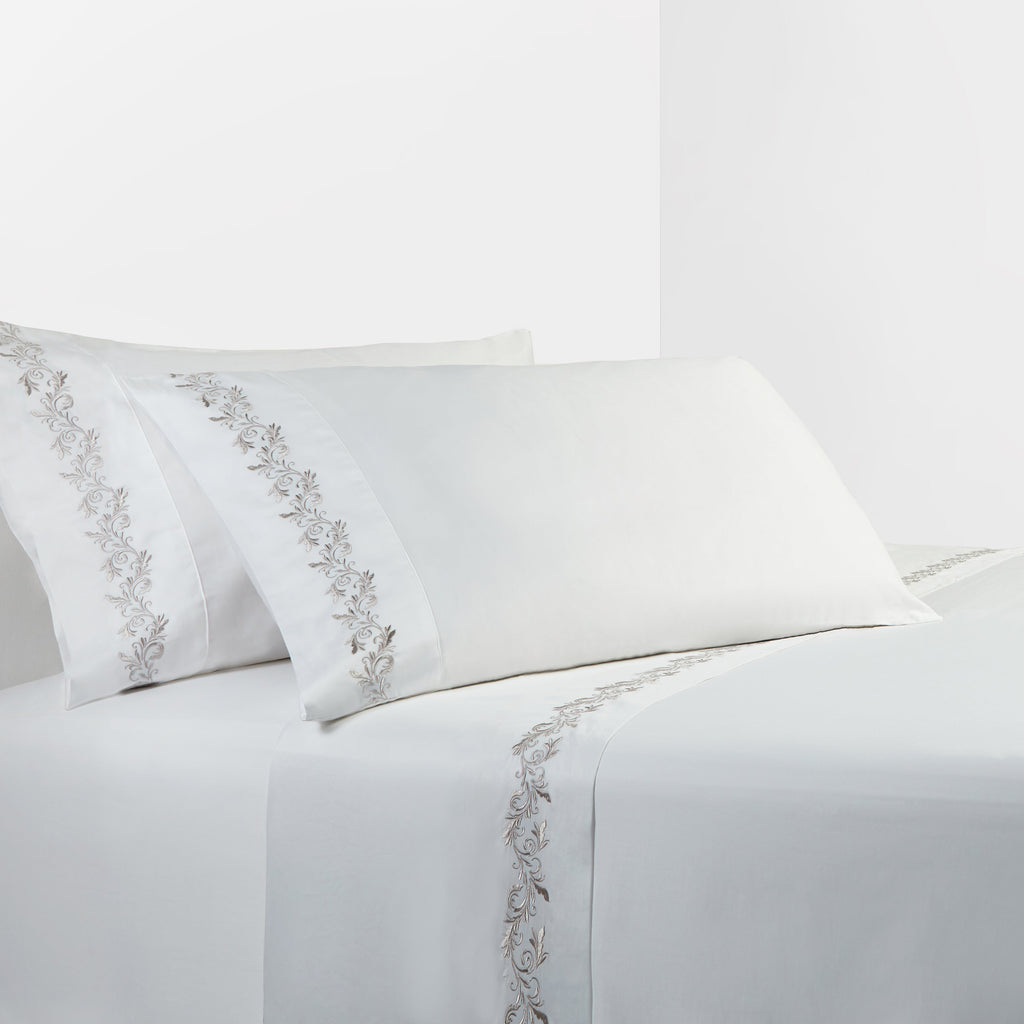 350 TC White Sheet Set with Gray Scroll Embroidery, Queen