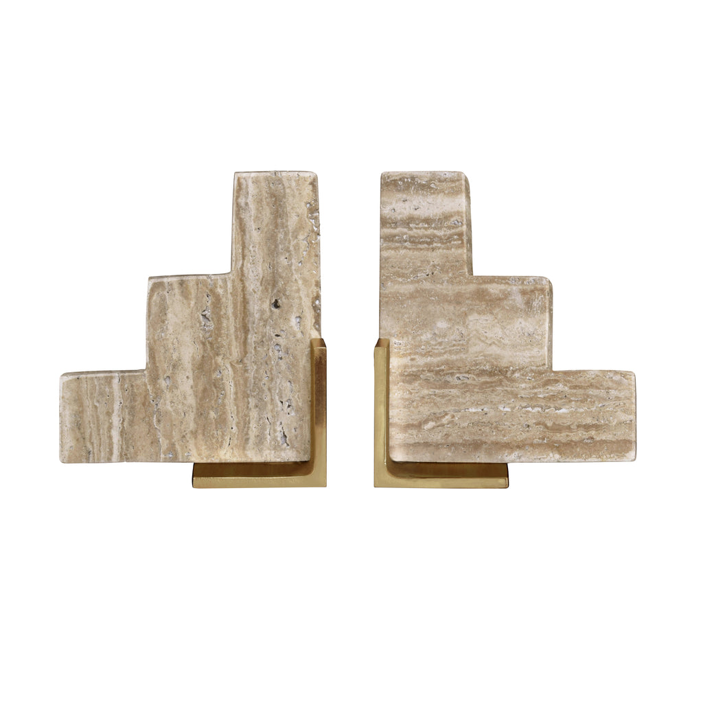 Pair Of Natural Travertine Stair Step Bookends With Brass Detail