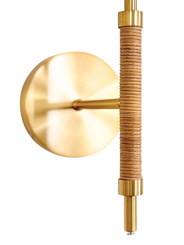 Rechargeable Wall Sconce With Wrapped Rattan Pole In Brass With White Linen Shade