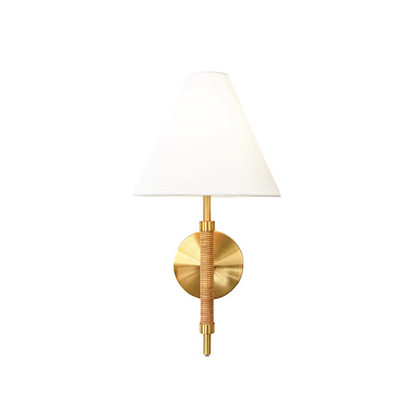 Rechargeable Wall Sconce With Wrapped Rattan Pole In Brass With White Linen Shade