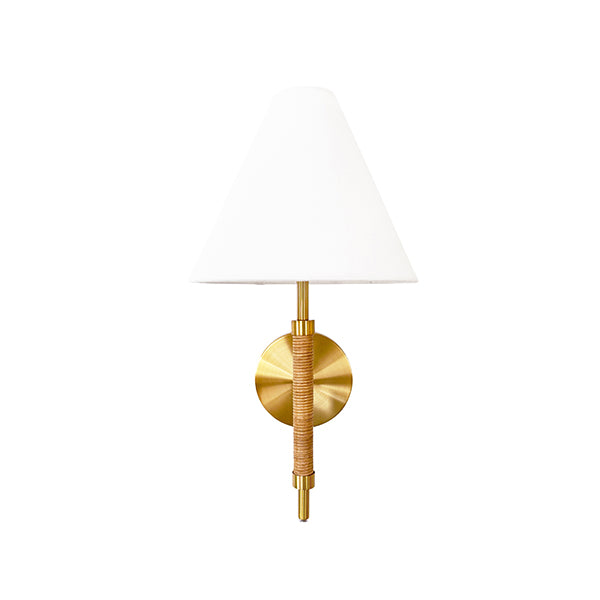 Rechargeable Wall Sconce With Wrapped Rattan Pole In Brass With White Linen Shade