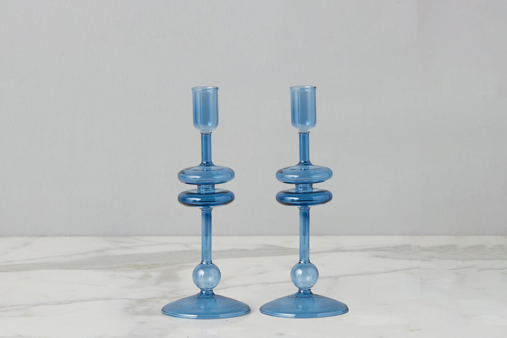 Sapphire Glass Candlestick Pair