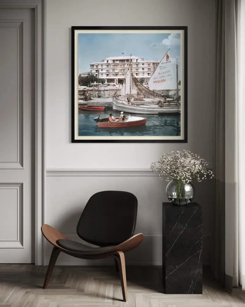 36" x 36", Natural Wood, Savioli Spiaggia Hotel Riccione by Slim Aarons | Italian Coastal Fine Art Print