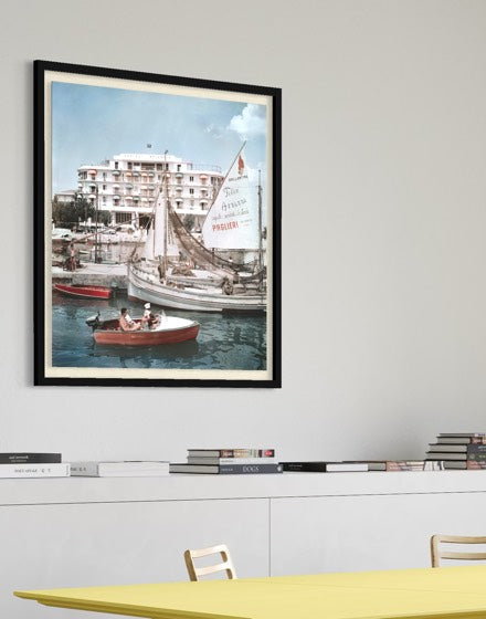 36" x 36", Natural Wood, Savioli Spiaggia Hotel Riccione by Slim Aarons | Italian Coastal Fine Art Print