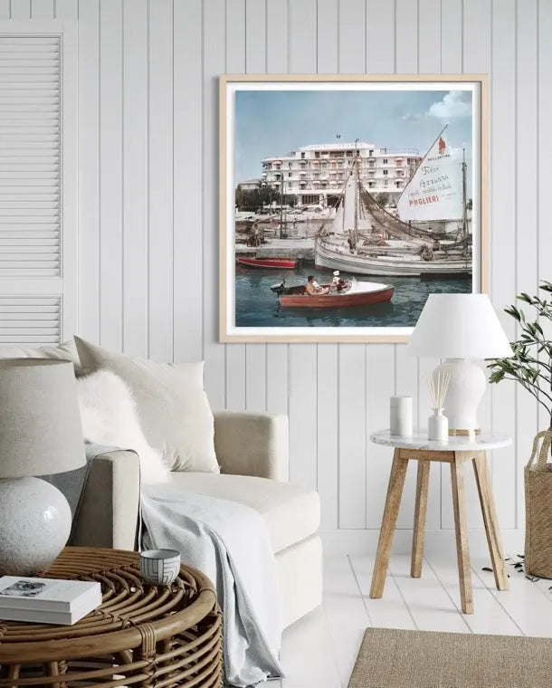 Savioli Spiaggia Hotel Riccione by Slim Aarons | Italian Coastal Fine Art Print-36" x 36", Natural Wood