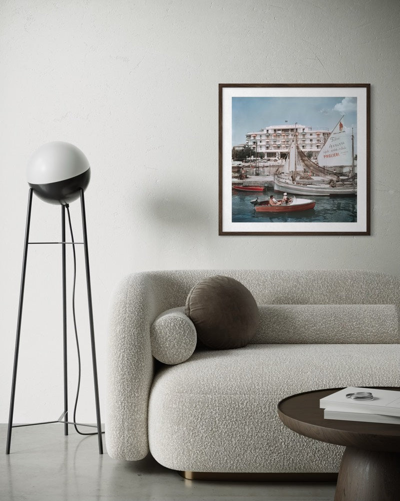 36" x 36", Natural Wood, Savioli Spiaggia Hotel Riccione by Slim Aarons | Italian Coastal Fine Art Print