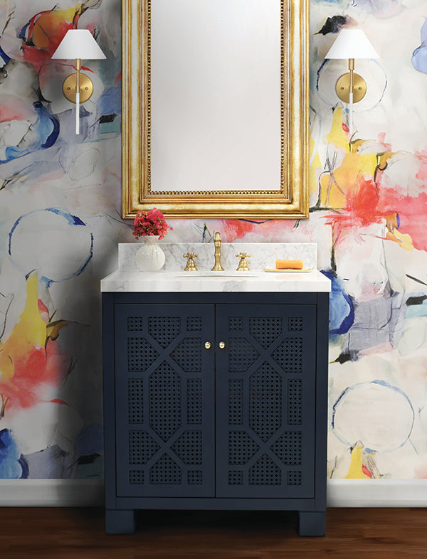 Bath Vanity In Matte Navy Lacquer With Cane Front Doors