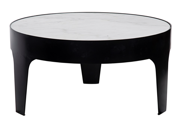 Cylinder Round Coffee Table, Black Metal with Quartz Top