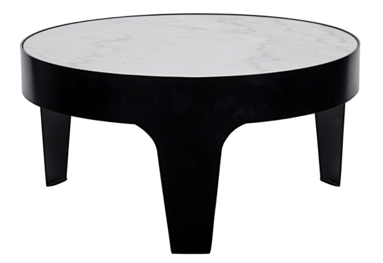 Cylinder Round Coffee Table, Black Metal with Quartz Top