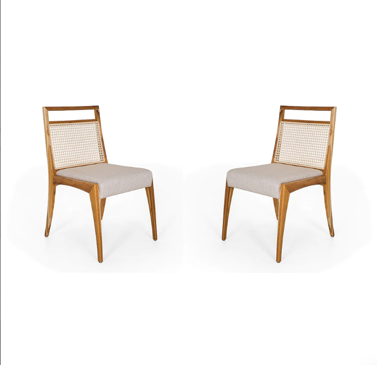Sotto Cane-Back Dining Chair with Open Top Rail in Teak Finish, Set of 2