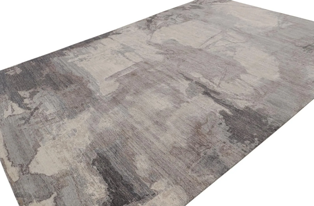 Contemporary Abstract Rug with Silver and Grey Patterns