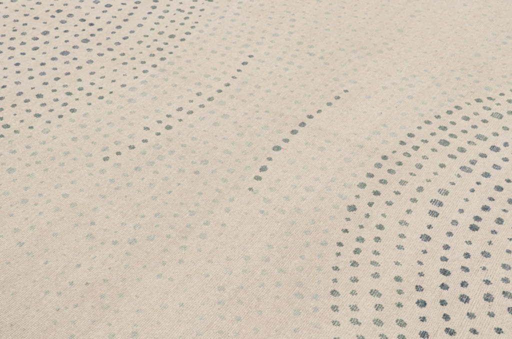 Modern Abstract Rug in Beige with Blue Dot Patterns