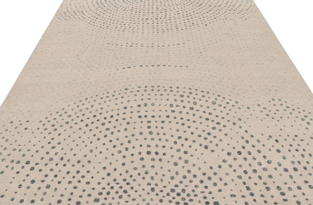 Modern Abstract Rug in Beige with Blue Dot Patterns