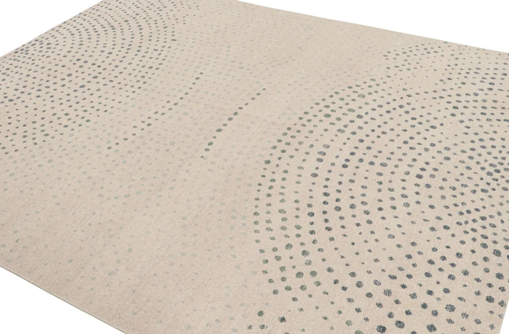 Modern Abstract Rug in Beige with Blue Dot Patterns