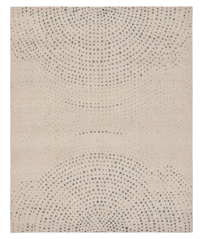 Modern Abstract Rug in Beige with Blue Dot Patterns