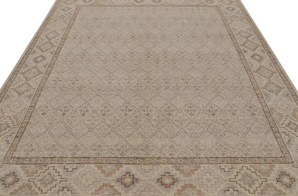 Distressed Rug In Beige, Grey And Blue Geometric Pattern