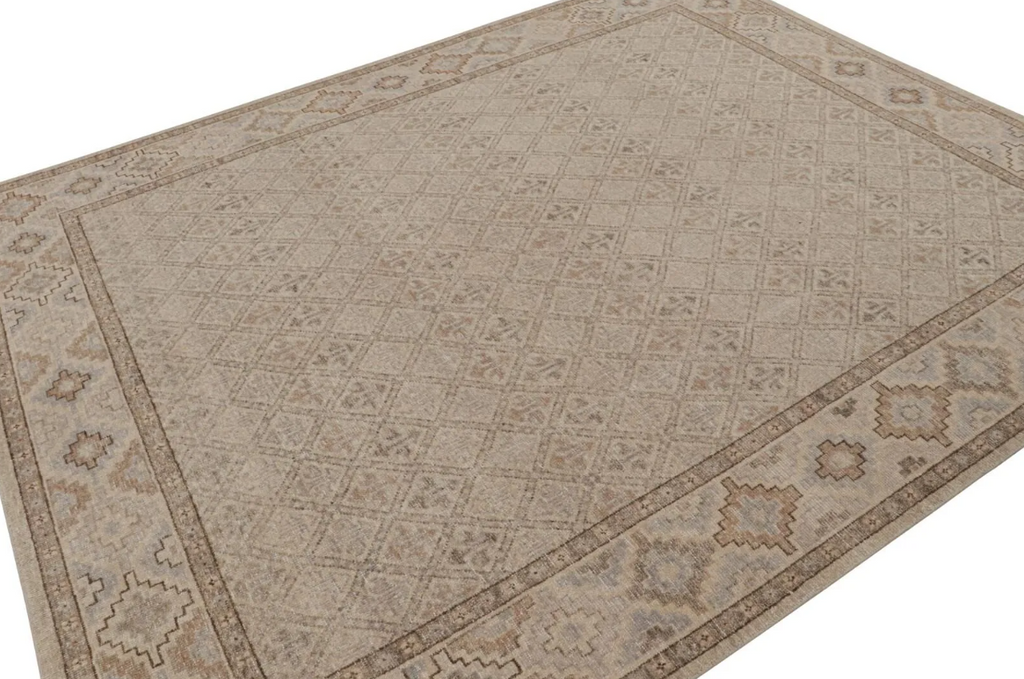 Distressed Rug In Beige, Grey And Blue Geometric Pattern