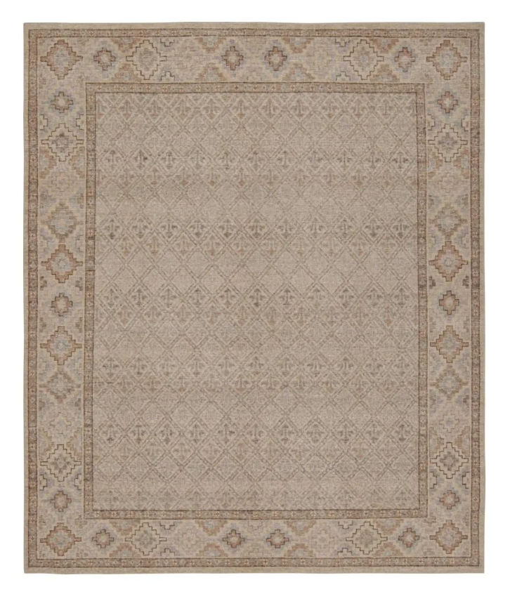 Distressed Rug In Beige, Grey And Blue Geometric Pattern