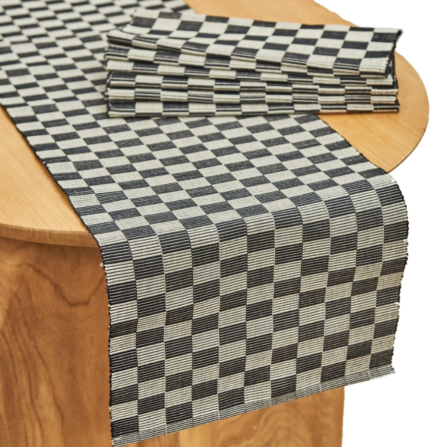 Handloomed Checkered Table Runner   Black