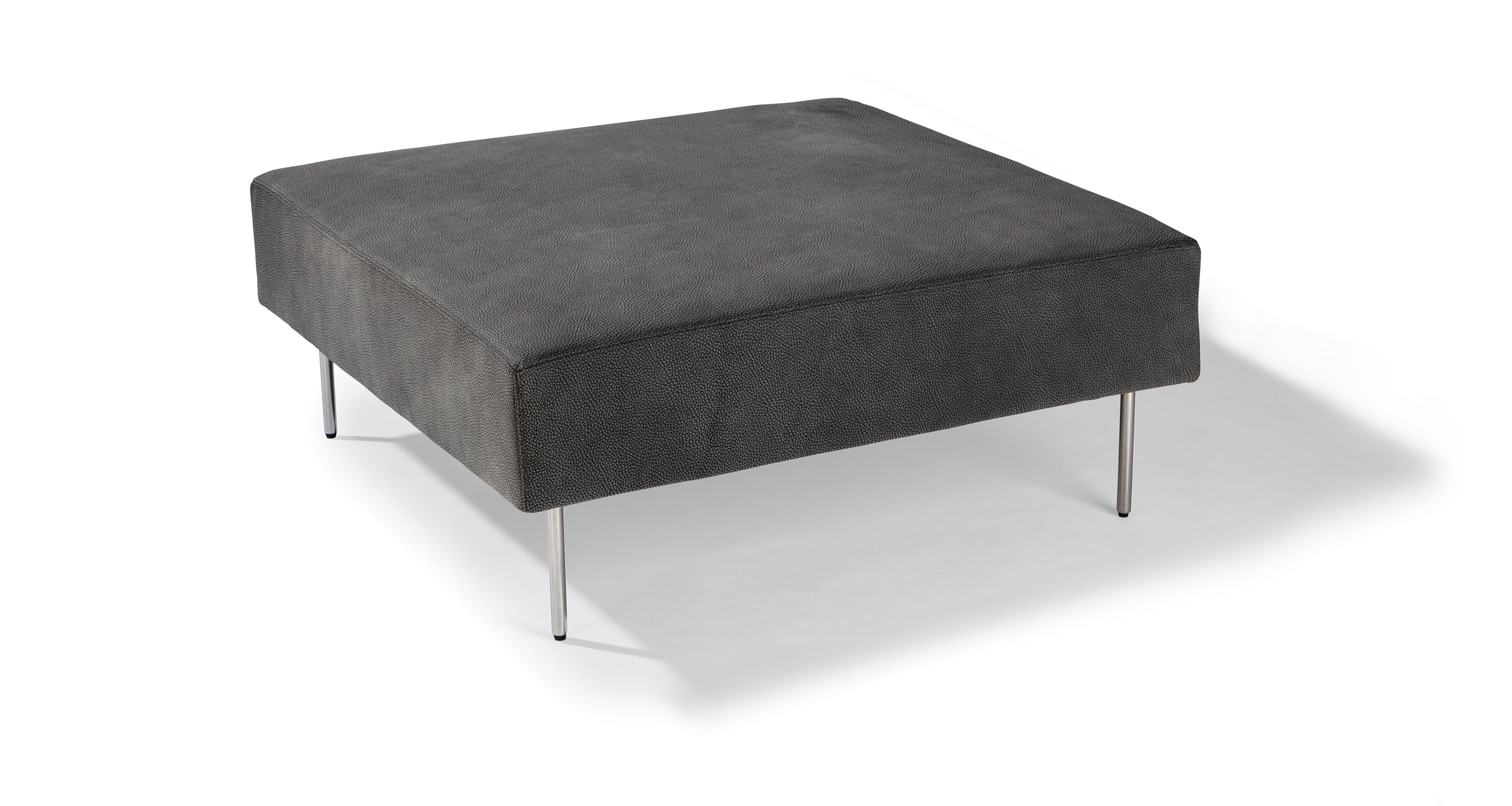 Slice Square Ottoman In Gray Leather With Polished Stainless Steel Legs
