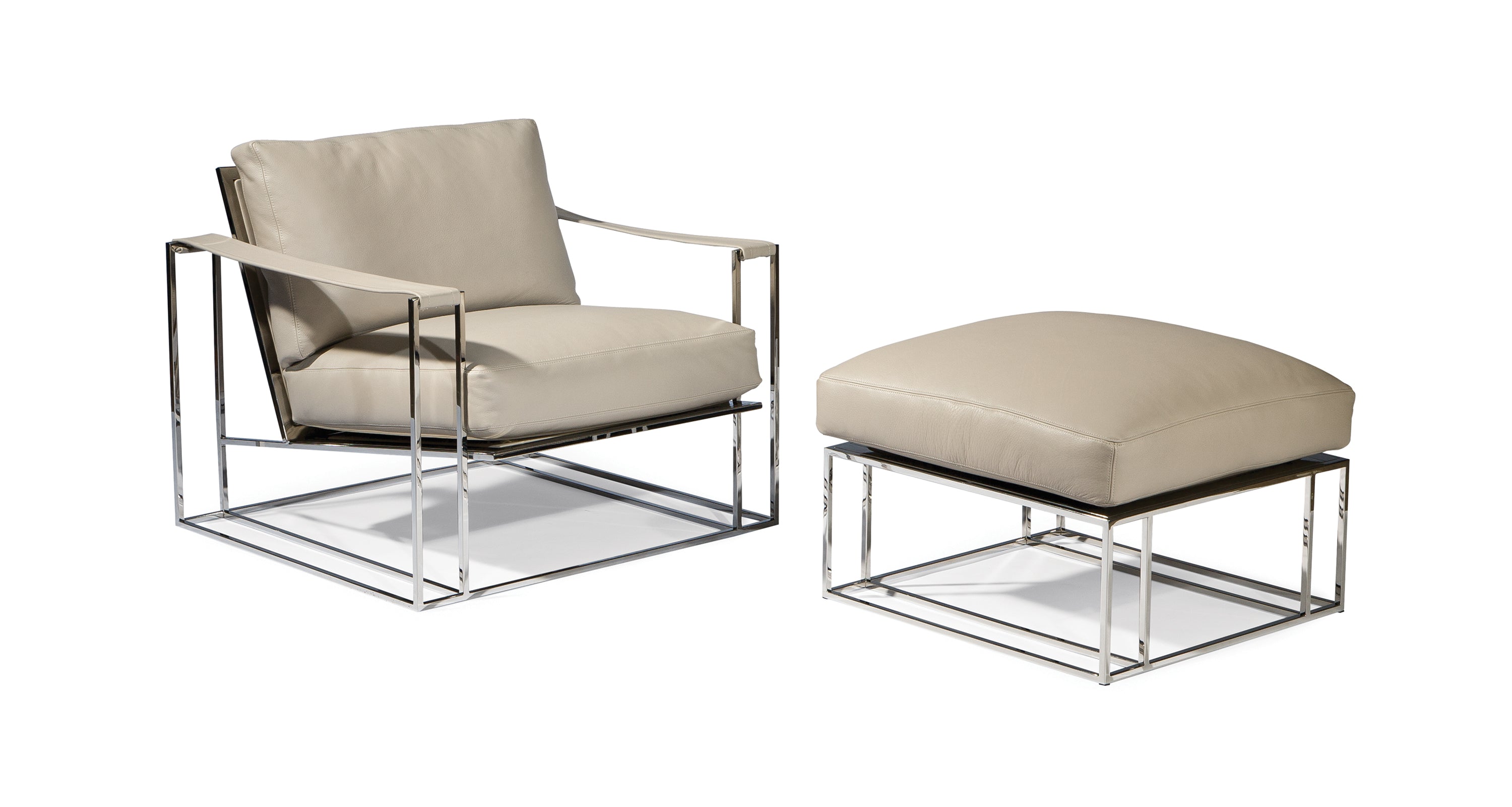Sling Chair In Beige Leather With Polished Stainless Steel Frame