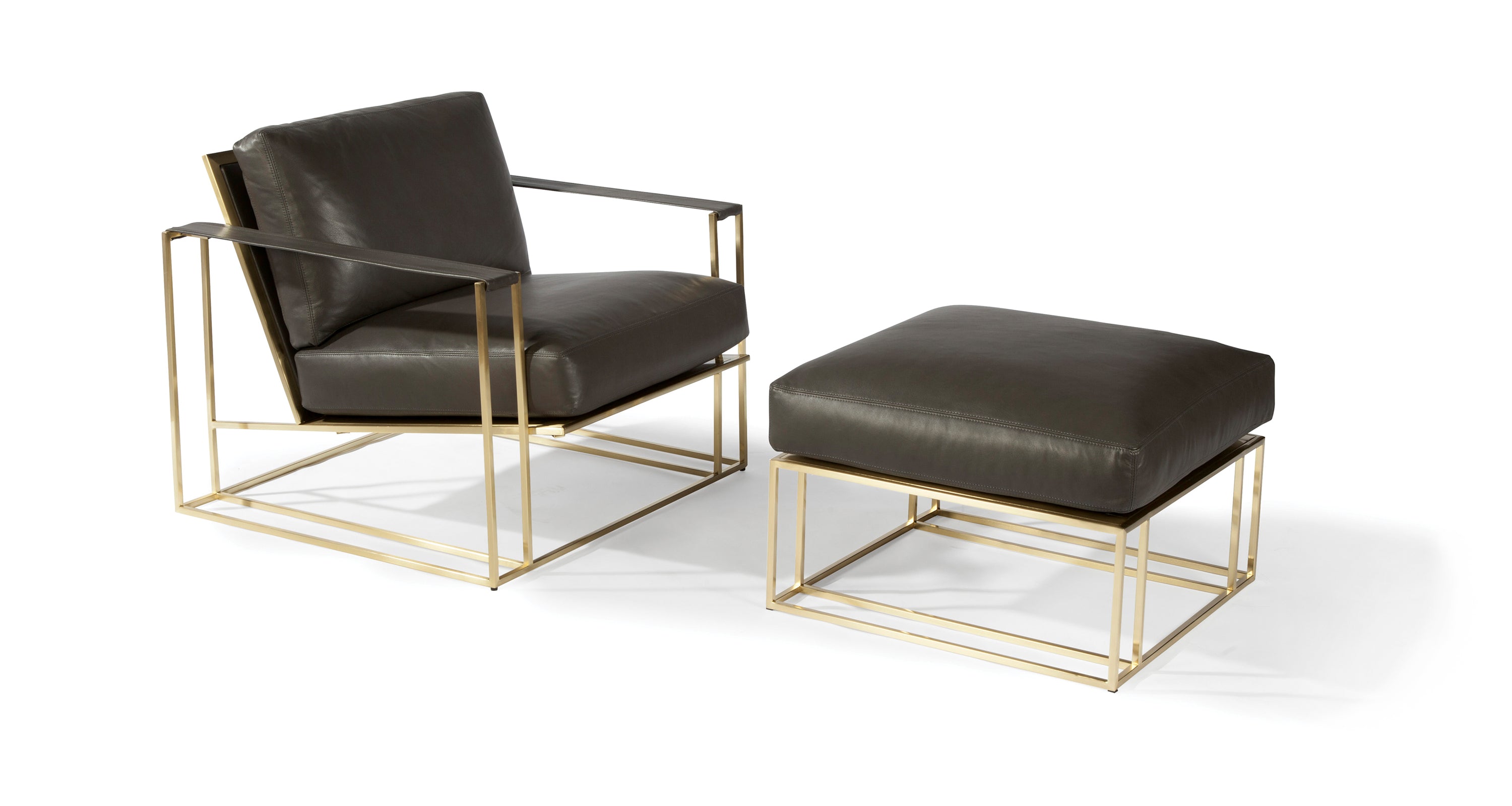 Sling Ottoman In Brown Leather With Satin Brass Frame
