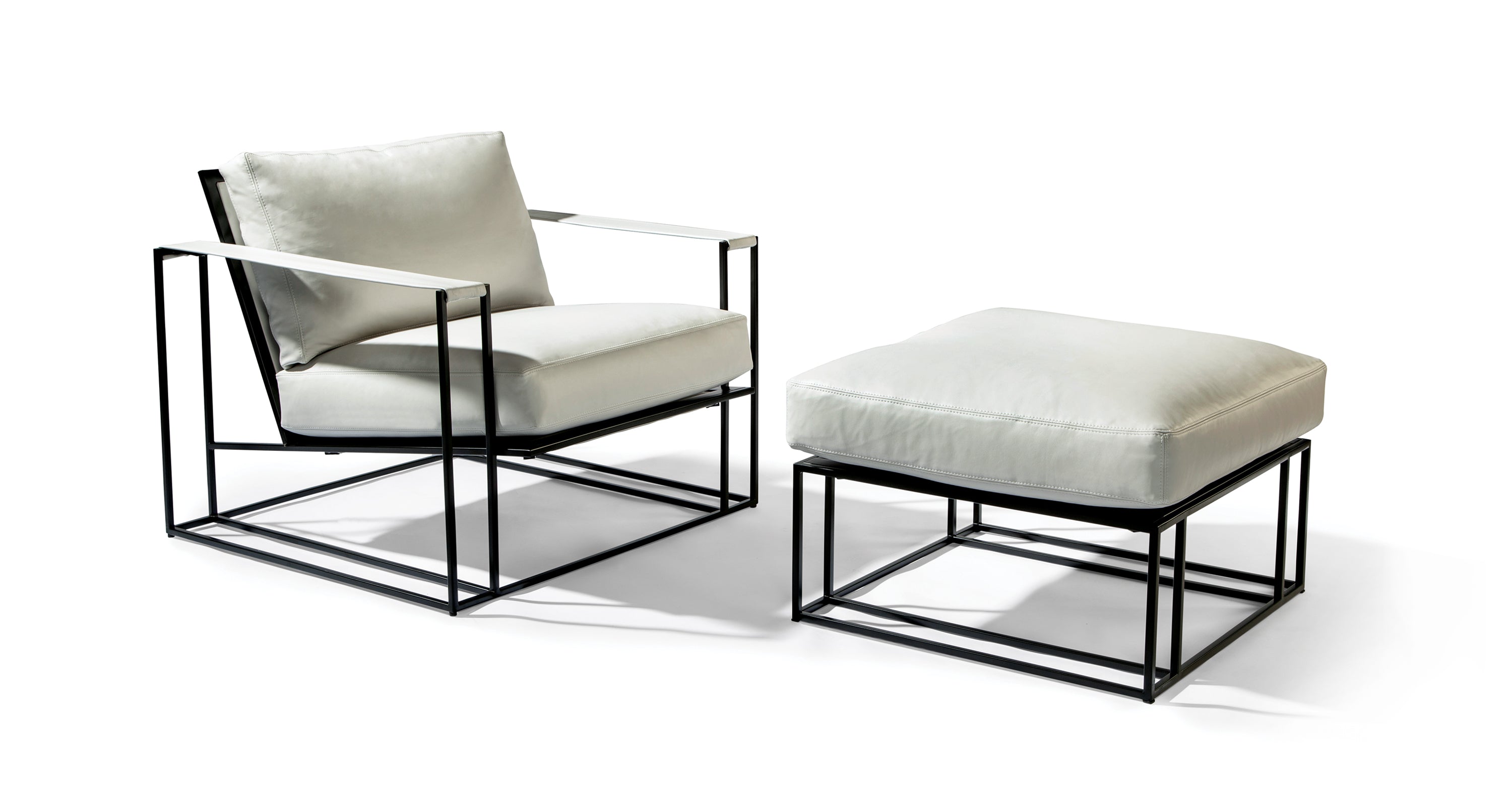 Sling Ottoman In White Leather With Black Powder Coated Frame