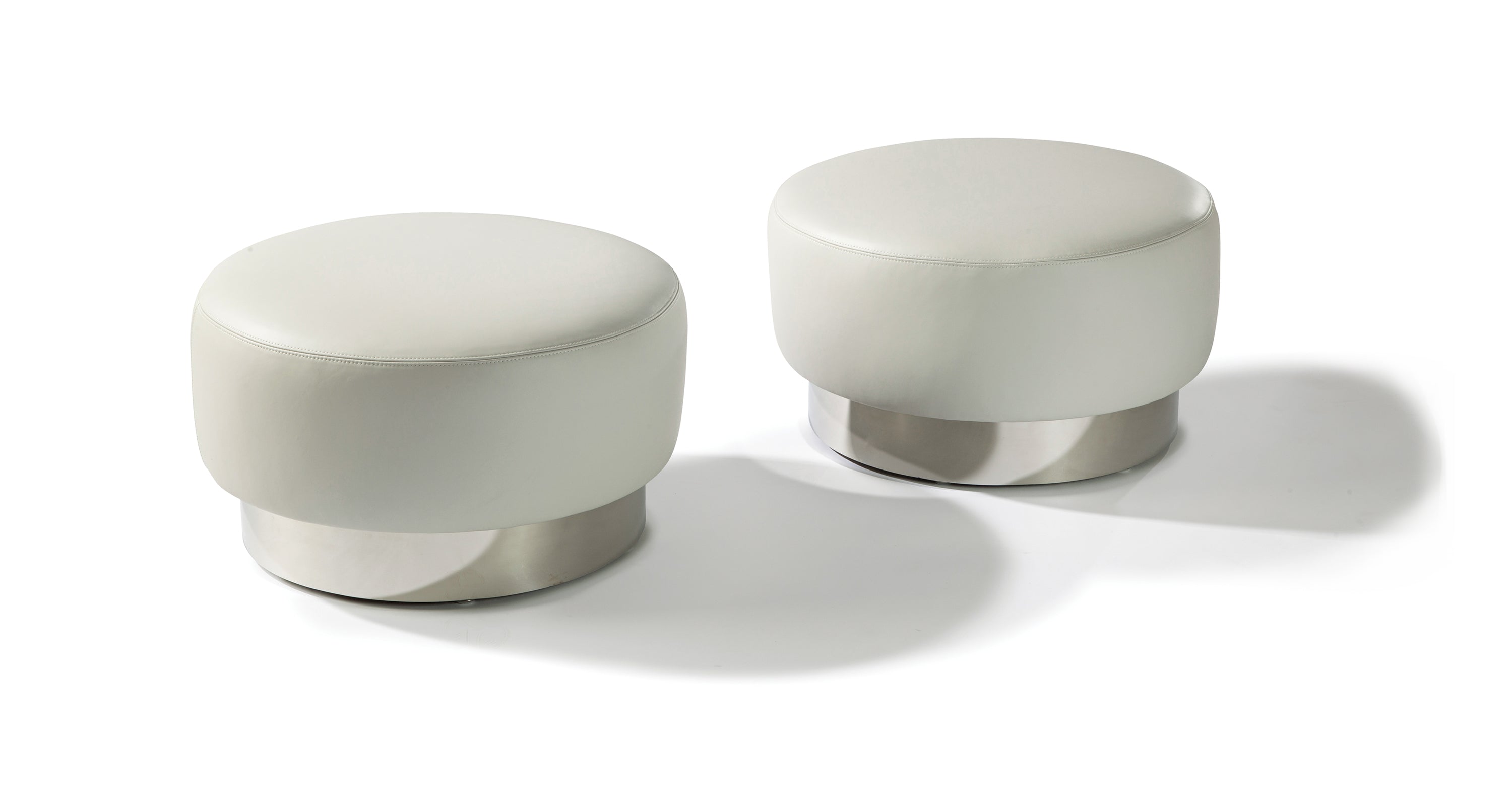 Spin Ottoman In White Leather With Polished Stainless Steel Bench