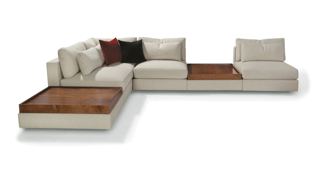 Straight Up Sectional In Beige Fabric With Wood Top Ottomans