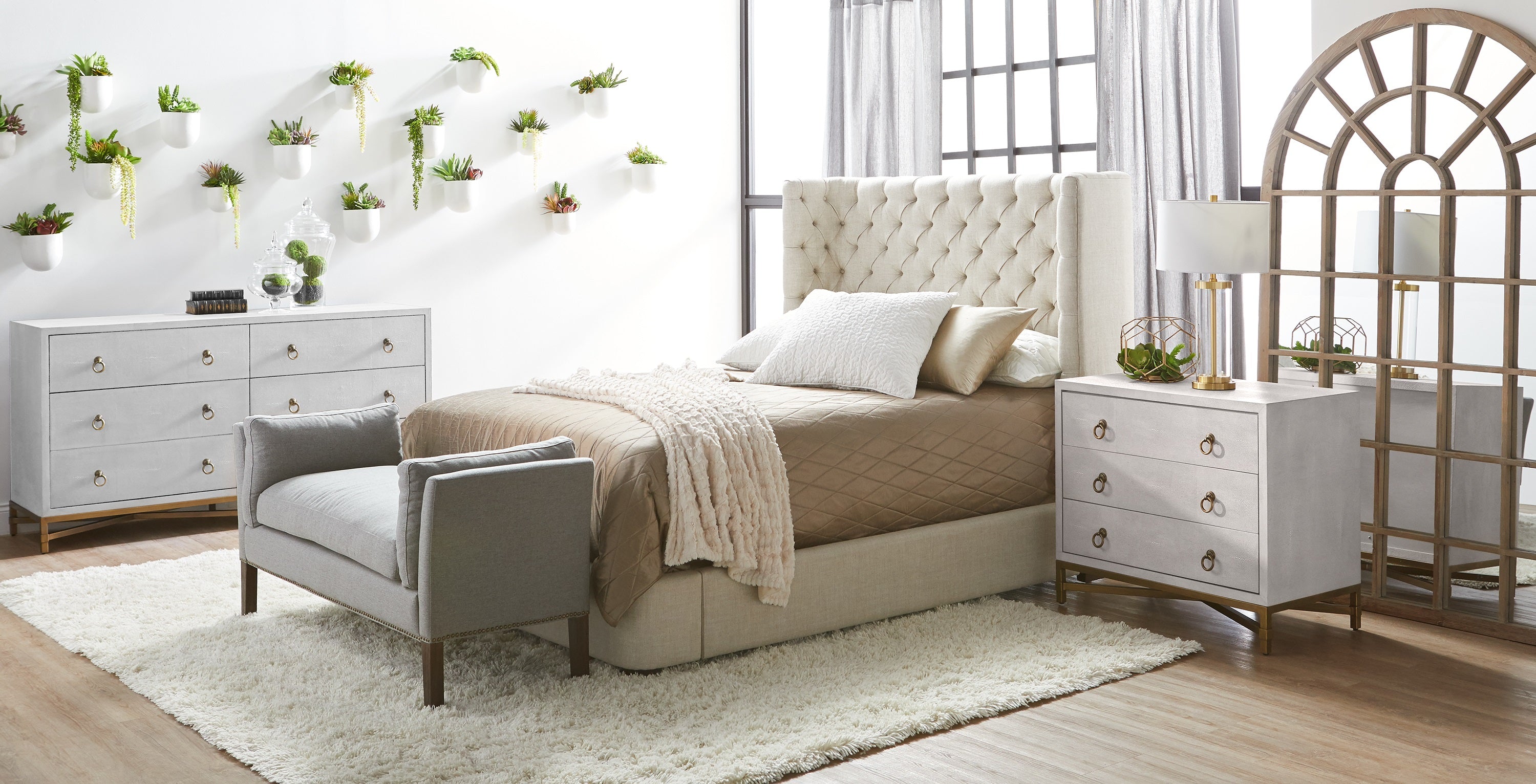 Strand Shagreen 6 Drawer Double Dresser - Pearl Shagreen, Brushed Gold