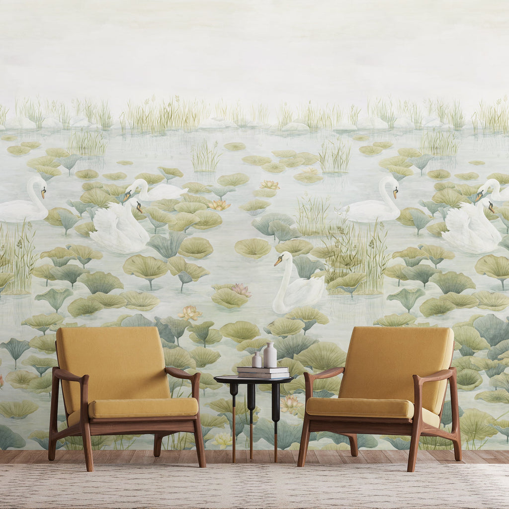 Classic Swan Lake Mural Wallpaper - Green