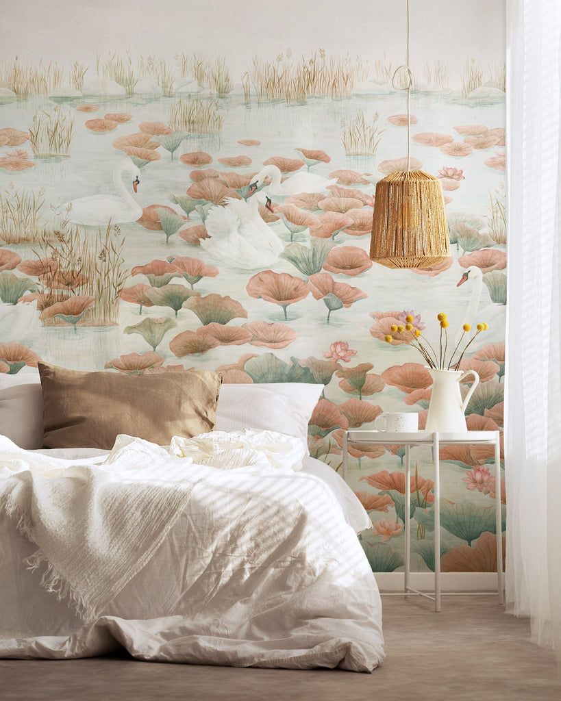 Classic Swan Lake Mural Wallpaper - Terracotta