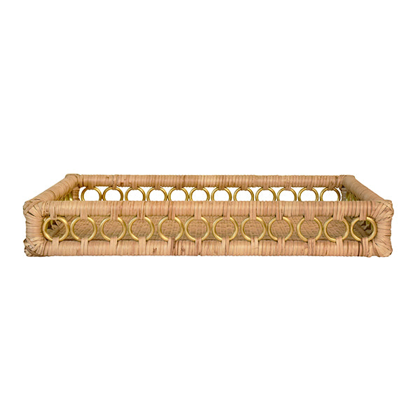 Rectangular Natural Rattan Tray With Brass Ring Detail On Edge