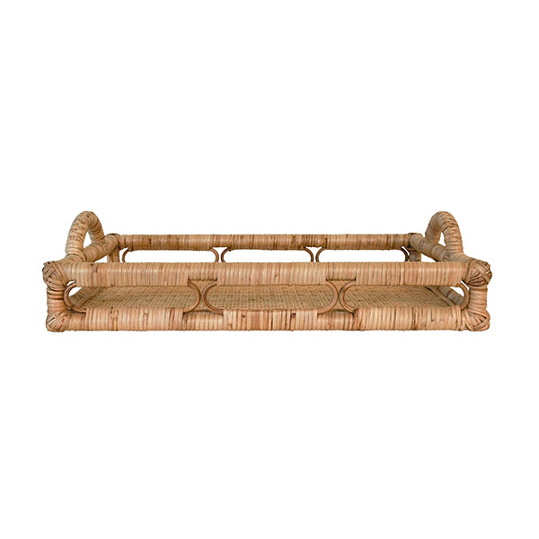 Rectangular Natural Rattan Tray With Open Oval Detail Sides