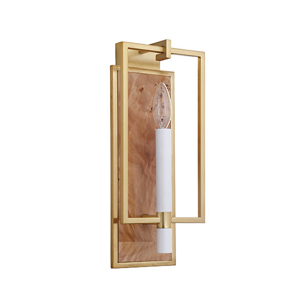 Candlestick Sconce With Rectangular Burl Wood Backplate