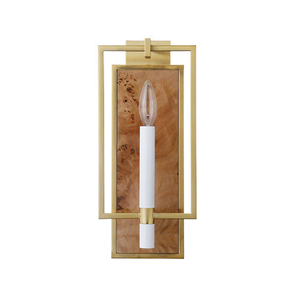 Candlestick Sconce With Rectangular Burl Wood Backplate