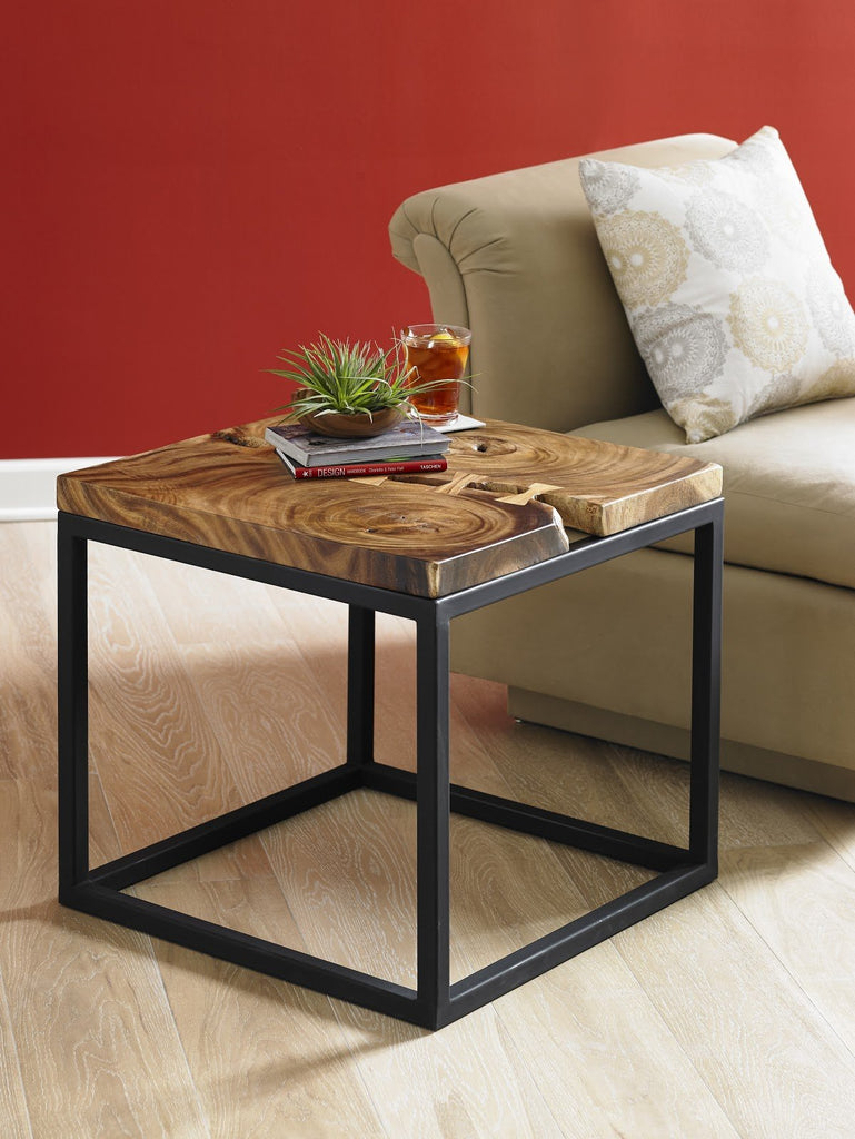 Martin Side Table, Chamcha Wood, Black Metal Base