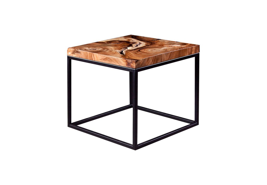 Martin Side Table, Chamcha Wood, Black Metal Base