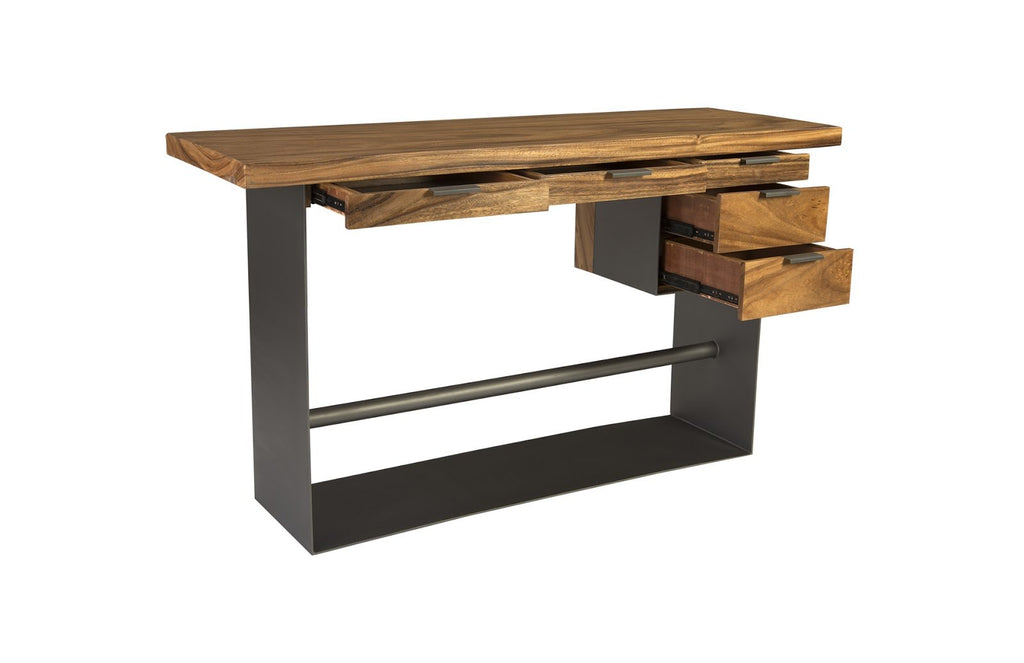 Iron Frame Standing Desk with Drawers, Chamcha Wood, Natural, Bar Height