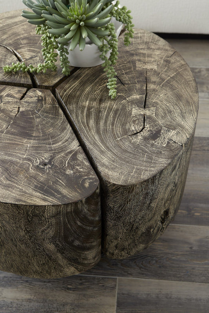 Clover Coffee Table, Chamcha Wood, Gray Stone Finish, Metal Base