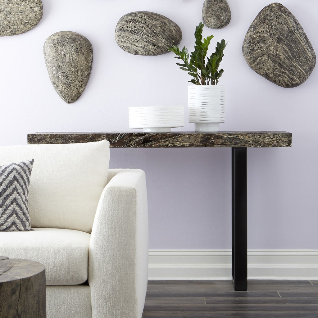 Origins Straight Edge Console Table, Metal U Legs, Gray Stone Finish