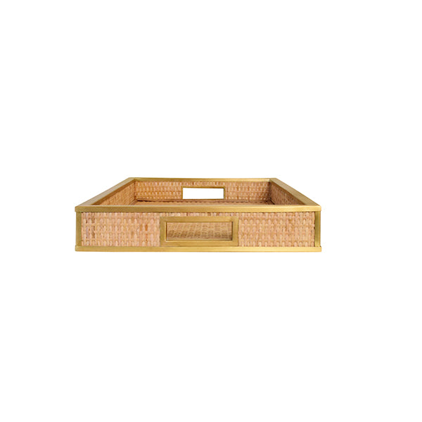 Rectangular Natural Wicker Rattan Tray With Framed Brass Edge