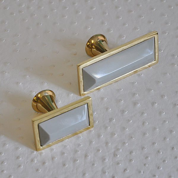 Large Brass Rectangle Knob With Inset Resin In Cream