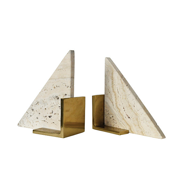 Triangle Shaped Travertine Marble Bookend With Brass Base