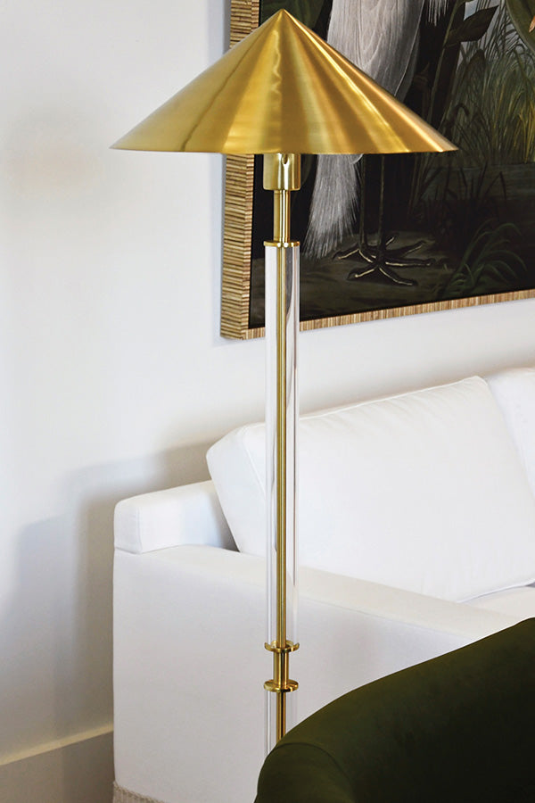 Floor Lamp With Acrylic Pole And Triangular Metal Shade In Brushed Brass